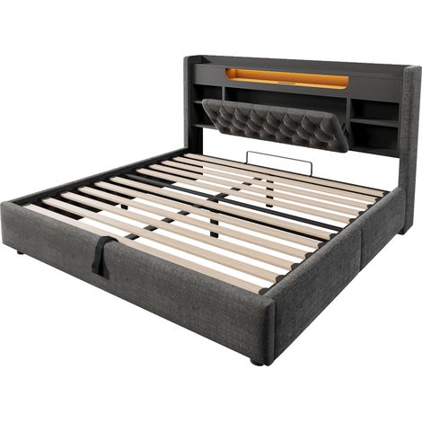 Cama canapé 140x190 cm de lino gris con LED, USB/USB-C y cabecero con almacenaje (1/5)