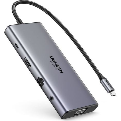 Hub USB-C Ugreen CM639, HDMI, VGA, 2 ports USB-C 3.2 10 Gbit/s, 2 ports USB, lecteur de cartes SD/TF, RJ45, entrée auxiliaire 3,5 mm, PD, 4K 60 Hz