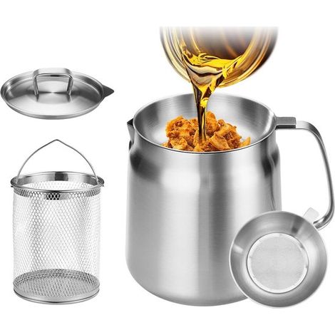 Bandeja recolectora de grasa, Freidora y filtro de aceite de acero inoxidable, 2L, Acero inoxidable SUS304, Separa los residuos, Plateada (1/5)