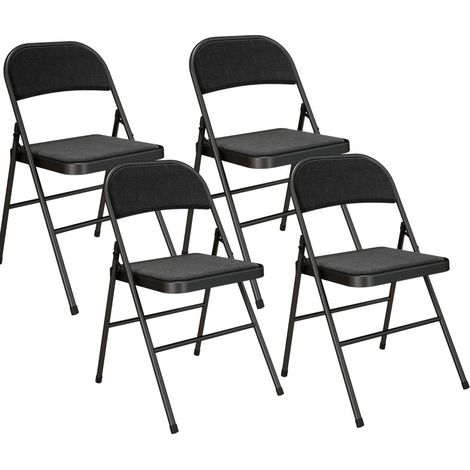 Set de 4 chaises pliantes avec coussin, structure acier et revêtement effet lin, chaise portable pour bureau et salle d'attente, noir (1/5)