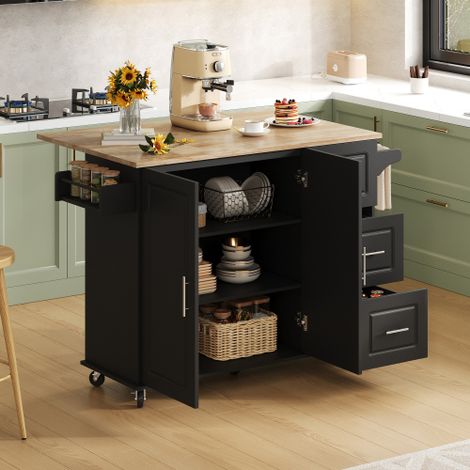 Grande table de cuisine mobile — Plan de travail en chêne, design pliable, meuble multifonction avec 3 tiroirs et porte-serviettes — Idéale pour les cuisines, les salles à manger et les espaces domest