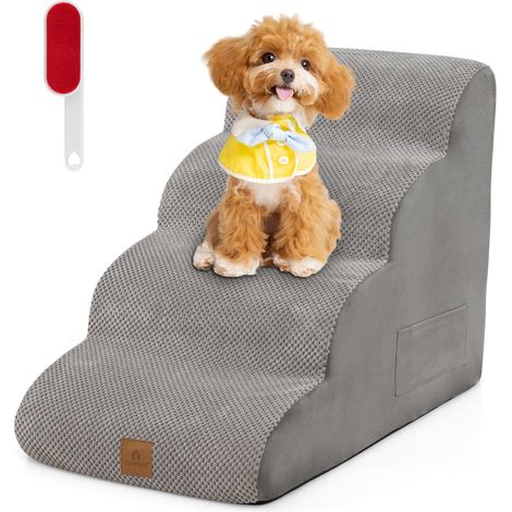 COSTWAY 4-Tier Foam Dog Ramp Non-Slip Dog Steps w/Gentle Slope Surface-Grey (1/5)