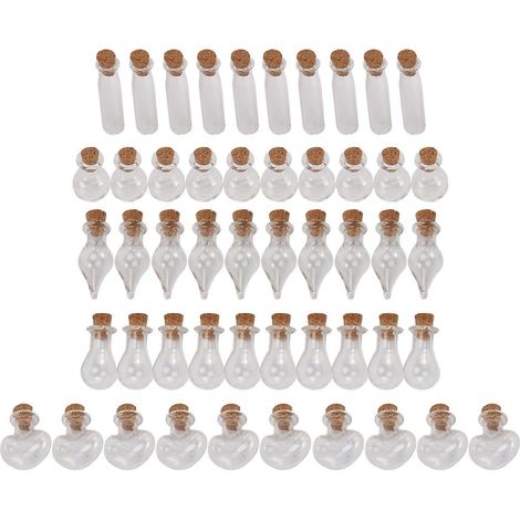 50 mini bocaux et bouteilles en verre avec bouchons en liège, 5 formes différentes, pour des projets de bricolage et des créations originales. (1/5)