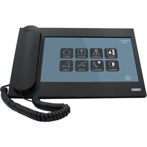 Conserjería sobremesa 10" táctil, compatible SIP VoIP, bajo consumo y alarmas visuales.