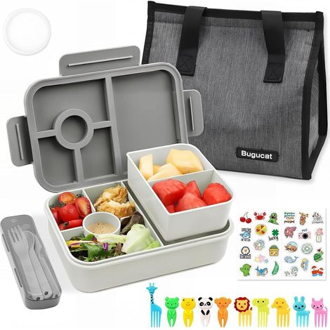Brotdose Kinder 1300ml Fächer Auslaufsicher Bento Besteck Set grau (1/5)