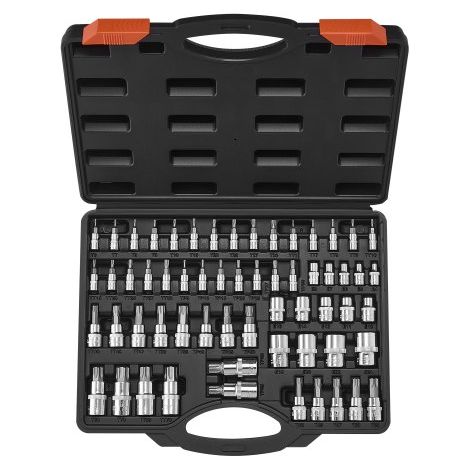 Torx Bohrer Steckschlüsselsatz Außen-Torx-Steckschlüsselsatz 60-tlg. T6-T70 TT6-TT70 TP8-TP60 E4-E24, S2-Legierungsstahl & Cr-V-Stahl, mit 1/4 & 3/8 & 1/2 Zoll Antriebe & Aufbewahrungskoffer (1/5)