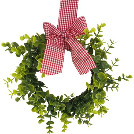 Mini-Weihnachtskranz aus künstlichen grünen Blättern, Küchenschrankkranz für Fenster, Tisch, TV-Schrankdekoration mit rot-weiß karierter Schleife (1/2)