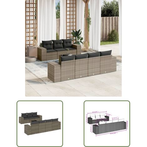 The Living Store Salon de jardin 8 pcs avec coussins gris résine tressée - Ensemble Salon De Jardin - Meuble De Jardin - Résine Tressée - Rotin Synthétique - Mobilier D'extérieur (1/3)