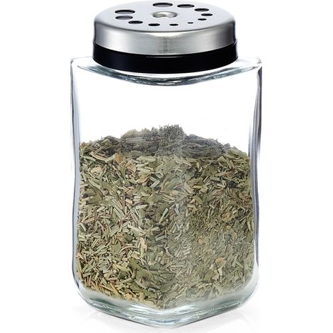Ein Glasspender, ein Behälter für Gewürze, eine Glasschale für Salz und Pfeffer.
