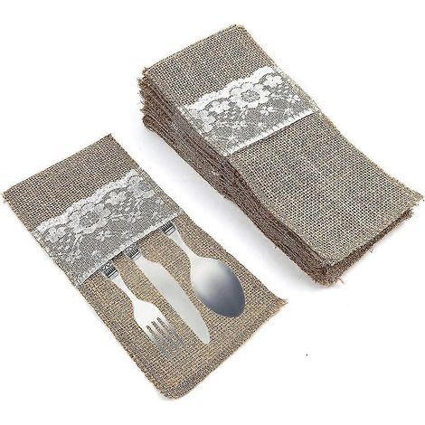 Porte-couverts en jute, lot de 20, pochette à couverts rustique en dentelle de jute, porte-couverts (1/5)