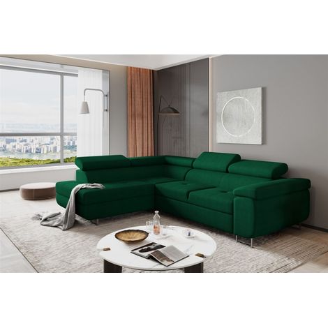 Ecksofa Sofa JADE Stoff Kronos Dunkelgrün mit Schlaffunktion Ottomane Links (1/2)