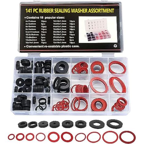 141 Pièces Joints Torique d'Étanchéité Rondelle en Caoutchouc, Faucet Washer Assortment Kit, 18 Differnt Assorted Sizes de Joints d`Étanchéité en Fibre avec Boîte de Rangement (1/5)
