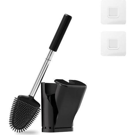 Brosse WC en silicone à ouverture et fermeture - Brosse WC noire - Brosse WC et porte-brosse WC avec support mural et fonction Turbo Dry - Antibactérien innovant - 1 pièce