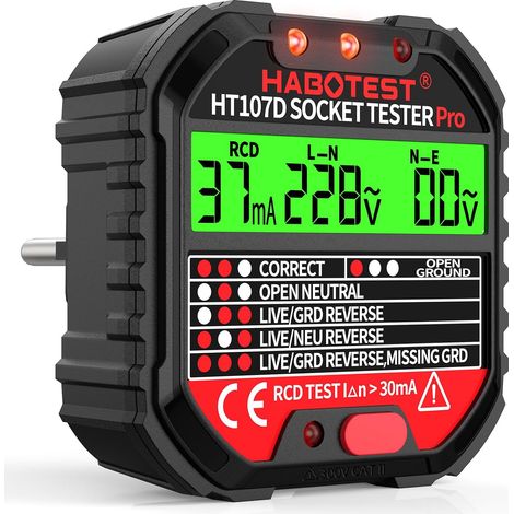 Comprobador de enchufes, comprobador automático de corriente, detector de polaridad y voltaje (90-250 V/45-65 Hz), 6 tipos de diagnóstico de errores, prueba de RCD y visualización de voltaje. (1/5)