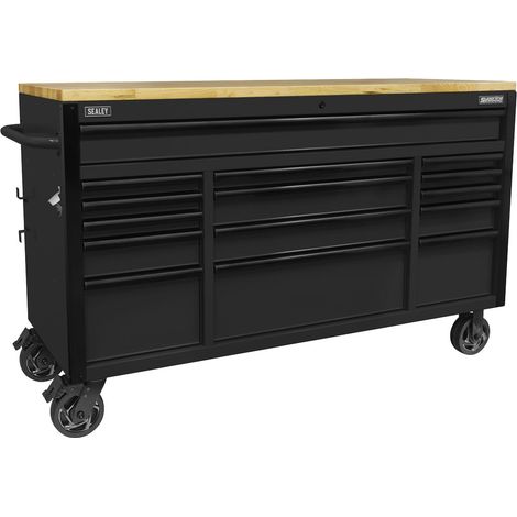 Sealey AP6215BE Superline PRO Black Edition Mobile Trolley with Wooden Worktop 15 Drawer 1549mm