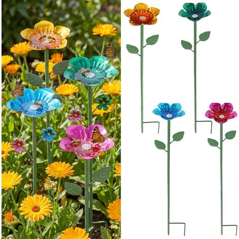 Lot de 4 abreuvoirs à abeilles - En métal - Motif floral - 63 cm - Abreuvoir coloré pour insectes volants - Abreuvoir décoratif coloré pour papillons - Point d'eau pour l'extérieur, jardin, cour (1/5)