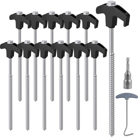 Speed 12 Stück Stahl-Zeltheringe mit Bohrer und Nagelzieher, 20 cm Zeltheringe, Campingzelthaken für harte Oberflächen, Rasen – Schwarz + Silber (1/5)