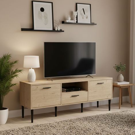 Dmora - Fernsehschrank Honorine, Ständer für Wohnzimmerfernseher, Niedriges Wohnzimmer-Sideboard, TV-Ständerbasis, 147x40 h57 cm, Eiche (1/5)