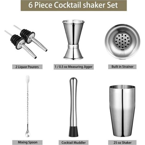6-teiliges Barset aus Edelstahl: Cocktailshaker, Rührstab und Barzubehör für Drinks (1/5)
