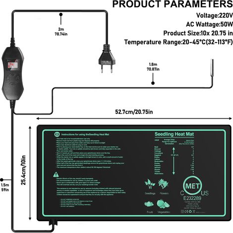 Tappetino riscaldante per piante con termostato: 10 x 20,75 pollici, tappetino riscaldante sicuro per piante, 50 W, tappetino riscaldante durevole per piante, serra interna, tappetino riscaldante per (1/4)