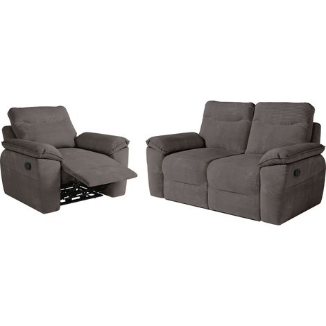 PACK - Canapé de relaxation ROSS manuel 2 places et fauteuil en velours côtelé - Gris (1/5)