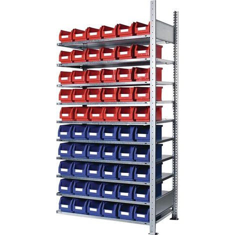 Steckregal H2000xB1000xT300mm Anbauregal 10 Stahlböden 30 x Gr. 5 blau, 30 x Gr. 5 rot