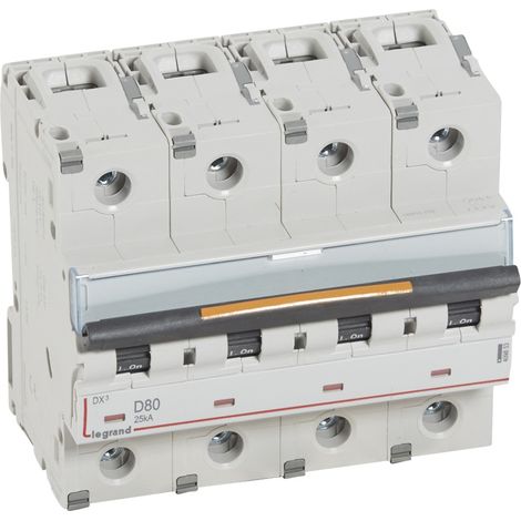 Disjoncteur DX³ 25kA arrivée haute et départ bas à vis 4 Pôles 400V 80A courbe D 6 modules LEGRAND 409853 (1/2)