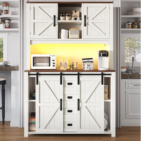 Anrichte aus MDF, PB und Metall, weiß, 115x40x174,7 cm, mit Schiebetüren, 2 Schubladen und LED-Beleuchtung (1/5)