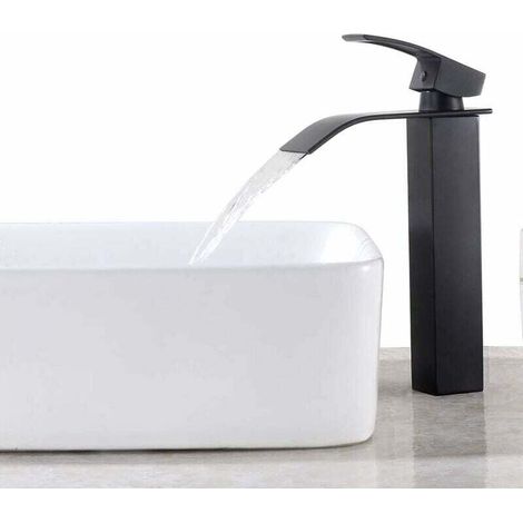 Robinet de lavabo cascade noir, mitigeur de lavabo haut, robinet en laiton avec grand bec carré, eau chaude et froide disponible, hauteur du bec : 260 mm (1/4)