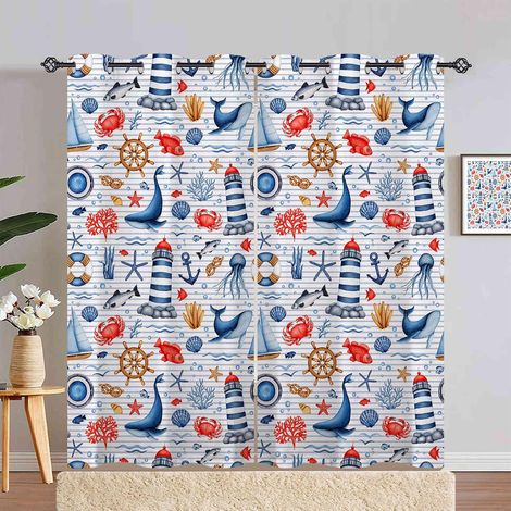 Rideau Occultant Navigation Ancre Gouvernail Baleine Rideau Thermique Isolant Draperies Intérieurs Tenture Opaque à Oeillets pour Maison Chambre Salon Fenetre 2 Pièces L 140 x H 280 cm - 140L X 280H c (1/5)