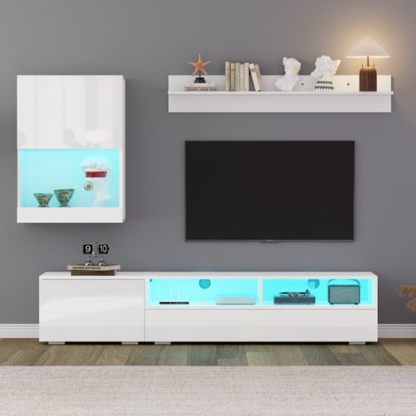 3-teiliges TV-Wandschrank-Set mit Vitrine, Wohnzimmermöbel mit LED und Hochglanz-Finish, freistehend und hängend, Weiß, 175 x 39 x 34 cm