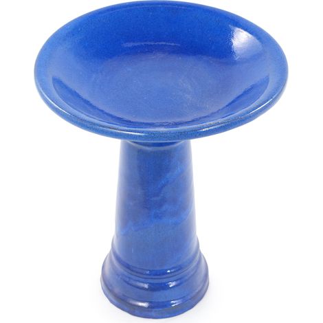 Bain d'oiseaux en céramique artisanale (Ø 31,5 cm, hauteur 38 cm), bleu roi brillant avec émail lisse et lustré, résistant aux intempéries et au gel, pour jardin, terrasse et balcon. (1/5)