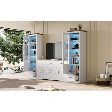 Set de meubles pour le salon : deux vitrines modernes en LED blanc mat. Un meuble multifonctionnel en bois, de couleur blanche, destiné au salon et à la salle à manger.