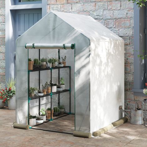 Serre de jardin en acier et en PE - 143x143x195cm - balcon Serre végétale avec 2 étagères et porte roulante - blanc (1/4)