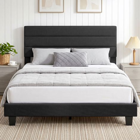 Lit double 164 x 208 cm en tissu effet lin avec tête de lit réglable, noir (1/5)
