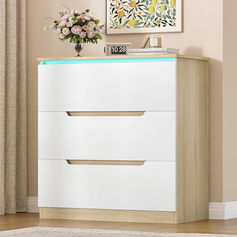 Commode, avec Éclairage LED, Commode à 3 tiroirs, Meuble de Rangement, Casier avec Éclairage, Convient pour Le Salon et la Chambre, Nature Couleur Bois et Blanc