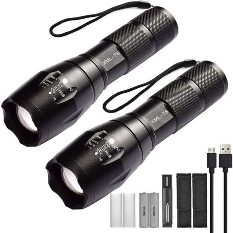 Lot de 2 lampes Torche de poche LED haute puissance avec 2 piles rechargeables 18650, lampe de poche tactique avec chargeur USB (1/5)