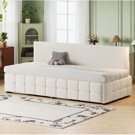 Cama tapizada 90x200 cm beige, terciopelo con almacenaje hidráulico y respaldo (1/4)