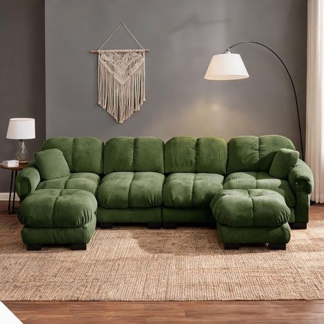Canapé d'angle modulable vert en tissu chenille 4 places avec 2 (1/5)