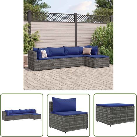 The Living Store 5-tlg. Garten-Lounge-Set mit Kissen Grau Poly Rattan - Garten Lounge Set - PE-Rattan Möbel - Outdoor Möbel - Gartenmöbel - Loungesessel (1/5)
