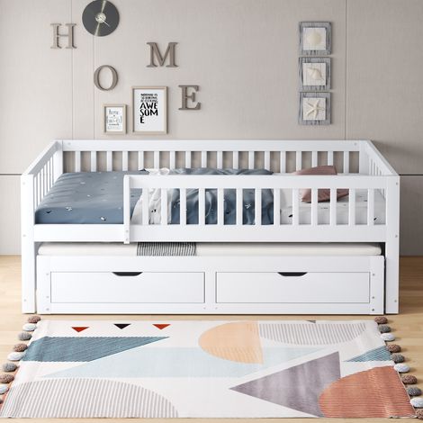 DESMIU Lit gigogne 90 × 200 cm 1 place avec couchage d'appoint, 2 tiroirs, sans matelas, en bois, blanc (1/4)