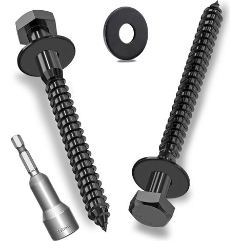 Lot de 10 vis à bois hexagonales M10 x 100 mm avec rondelles, vis hexagonales noires en acier inoxydable A2V2-DIN571, vis à clé avec rondelles et clé à douille (1/5)