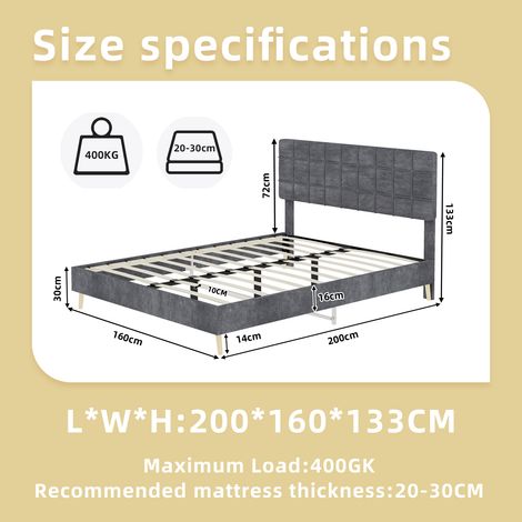 Lit tissu gris foncé moderne, tête de lit capitonnée à carreaux lumineux, chambre principale ou secondaire, lit double 160x200cm, matelas inclus, gris. (1/5)