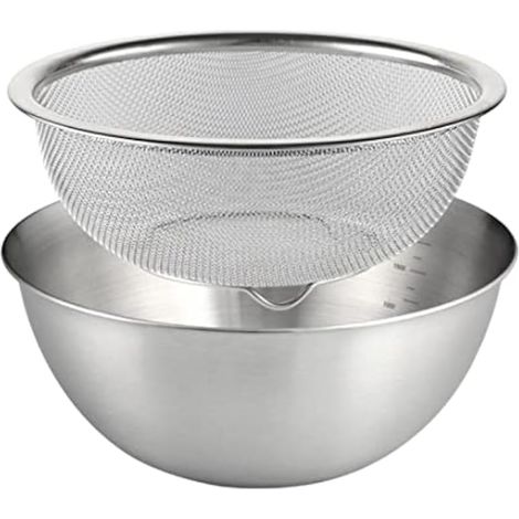 2x Passoire avec Bol Inox,Set Passoire de Cuisine avec Bols à Mélanger Saladier,2 en 1 Panier de Vidange en Mailles Fines,Tamis de Cuisine Filtre pour Égoutter Légumes Fruits Riz Pâtes Salades,24cm (1/5)