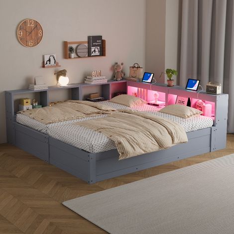 Schlafsofa 90/180x200 cm Grau - Multifunktionsbett aus Massivholz mit Stauraum, LED-Beleuchtung, Steckdose und hydraulischem Bettkasten (1/5)