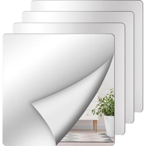 Lot de 4 miroirs muraux pleine longueur - Carreaux de miroir acrylique 30 x 30 cm - Stickers muraux - Miroirs adhésifs - Miroir de porte - Autocollant miroir - Miroir mural - Pour chambre, salle de sp (1/5)