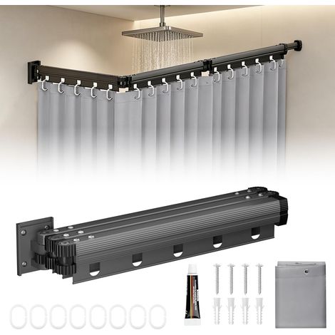 Tringle à rideau de douche - En forme de L/U - Pliable - 3 plis - Colle et perçage - Angle réglable - Avec colle de montage - Montage à vis - Étanche - Pour salle de bain, camping-car, invités, WC (1/5)