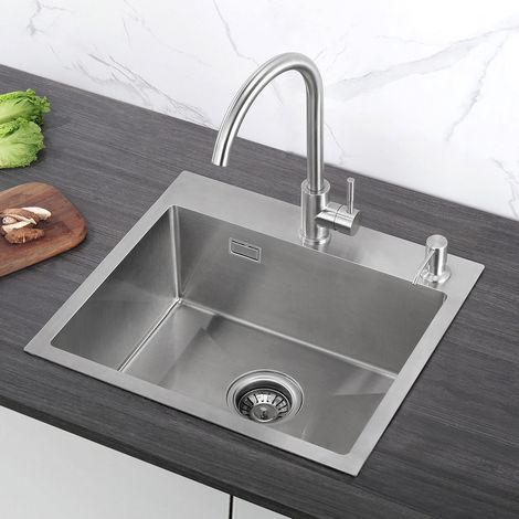 CECIPA Evier Cuisine 1 Bac Évier Inox 1 Cuve avec Siphon et Trop-Plein Évier de Cuisine Inox 50×45×18.5CM (Sans Distributeur de Savon)