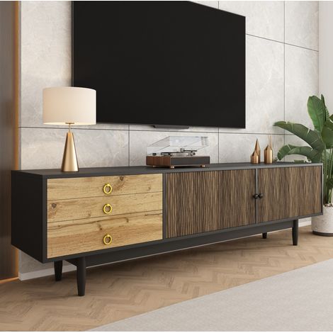 Mueble TV con relieve ondulado y 3 cajones negro madera OKMYHOME (1/5)