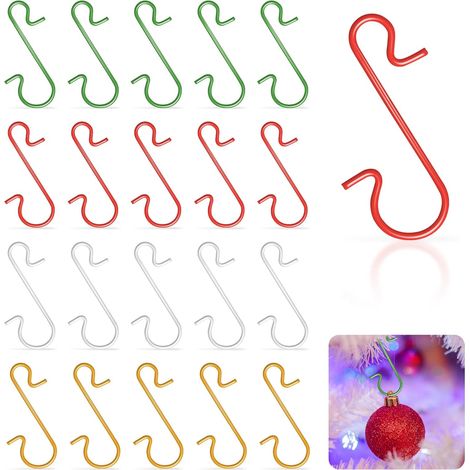 120 ganchos metálicos en forma de S para bolas de Navidad, 4 colores (dorado/plateado/rojo/verde) para árboles de Navidad domésticos. (1/5)